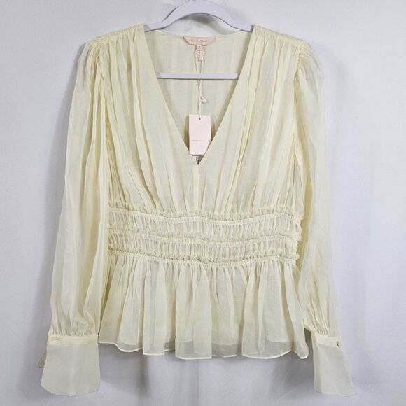 NWT Rebecca Taylor Silk Chiffon Long Sleeve Blouse in Lemonade - Size 4 - Picture 1 of 10